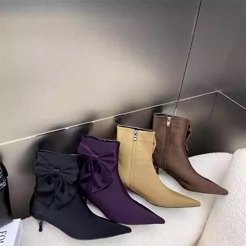 Pointed toe French bow women's short boots