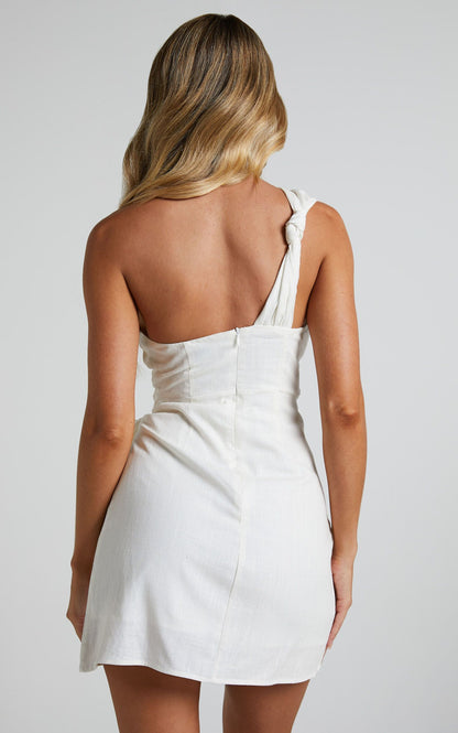 LINEN LOOK ONE SHOULDER GATHERED WRAP WAIST DRESS IN WHITE