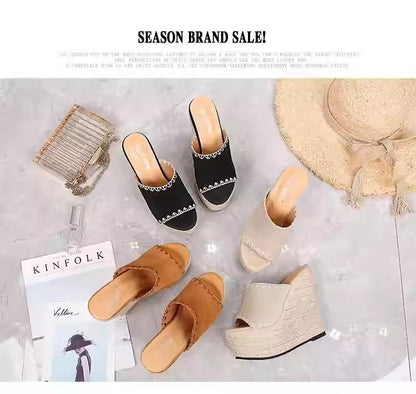 Heightened suede woven slippers-14cm