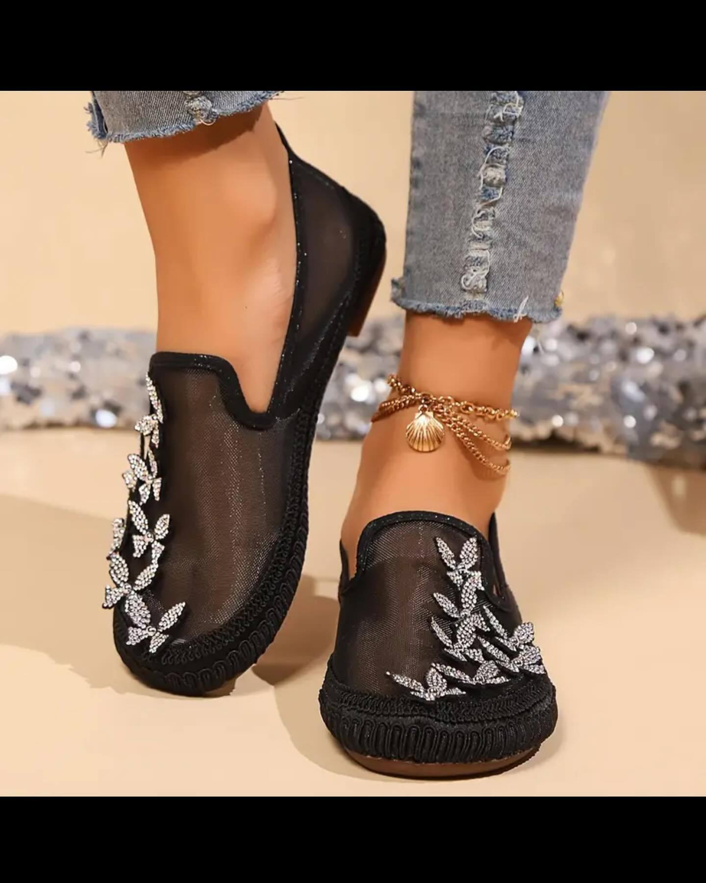 Gauze breathable butterfly pearl decorated casual shoes flats