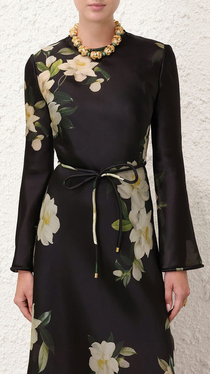 Camellia flower black long dress