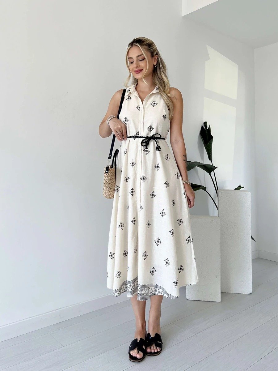 White halter neck printed button dress