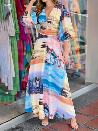 Elegant Deep V Neck Printed Maxi Dress