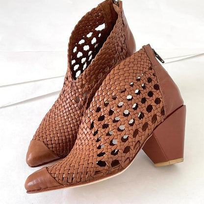 Woven Pointed Block Heel Ankle Boots