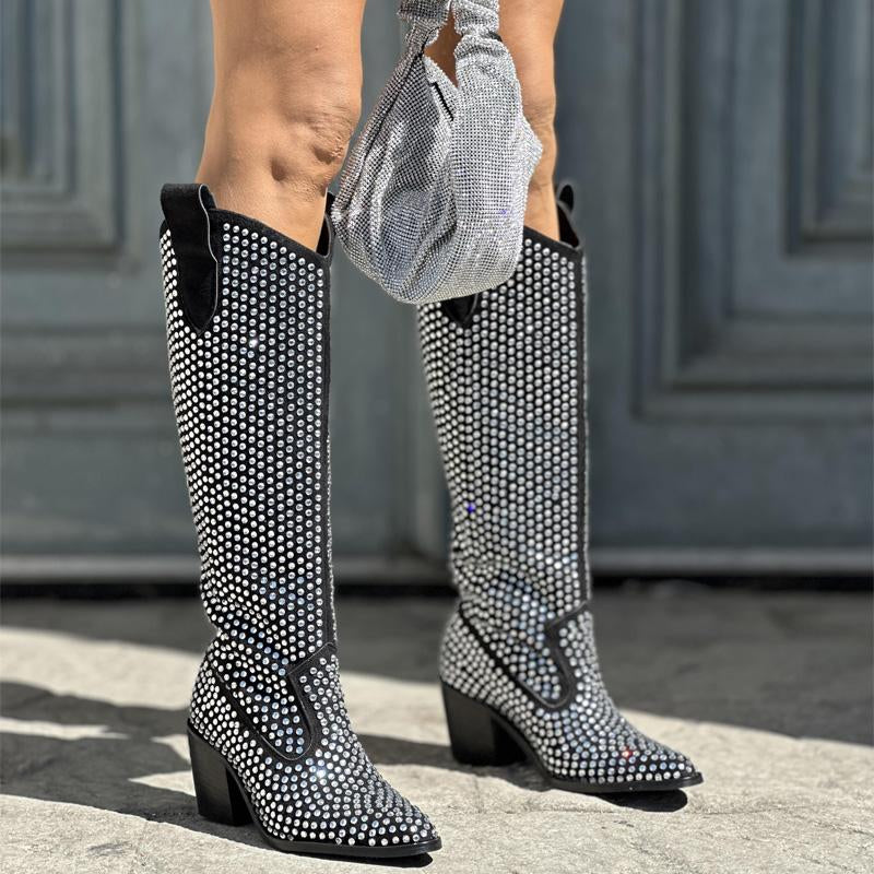 Shining Thick Heel Mid-Barrel Rhinestone Pointed Western Cowboy Boots