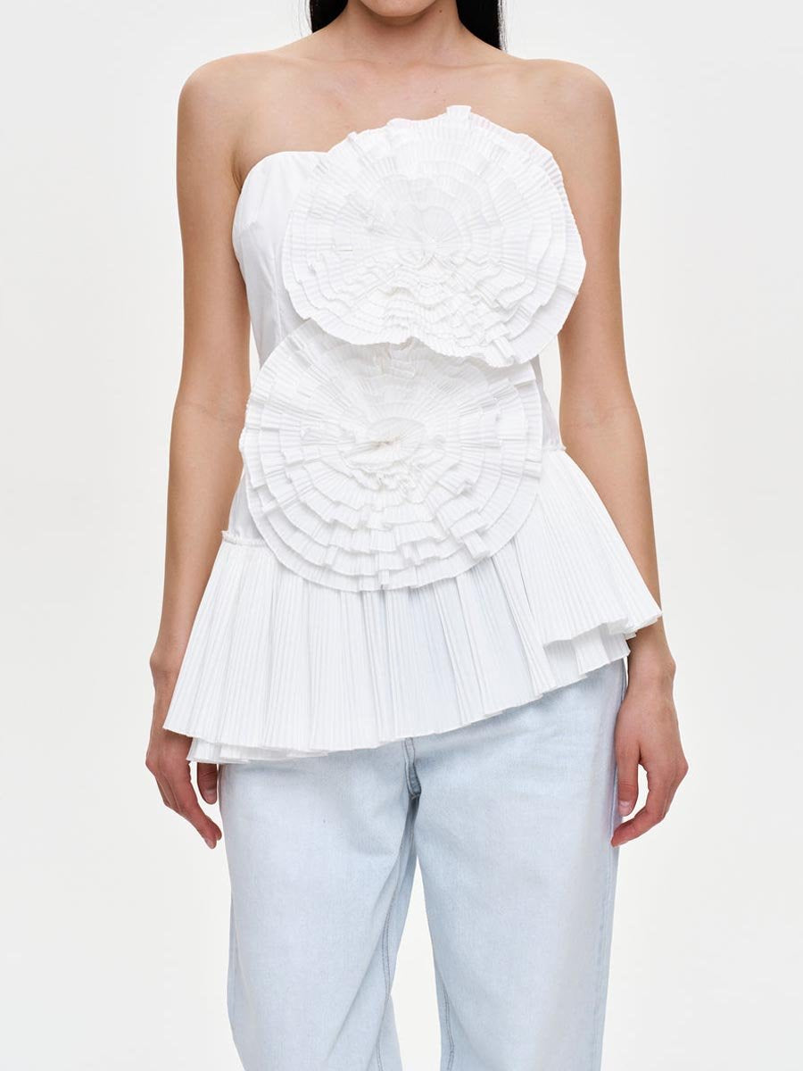 Strapless Pleated 3D Flower Irregular Ruffle Top