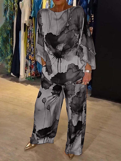 Elegant Satin Loose Printed Batwing Sleeve Suit