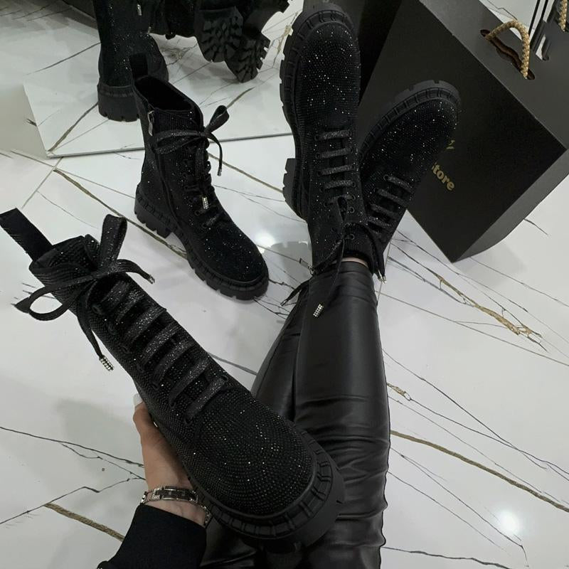 Rhinestone Thick-Heel Casual Lace-Up Martin Boots