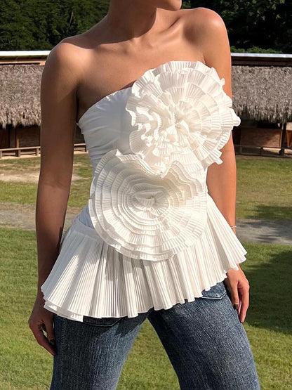 Strapless Pleated 3D Flower Irregular Ruffle Top