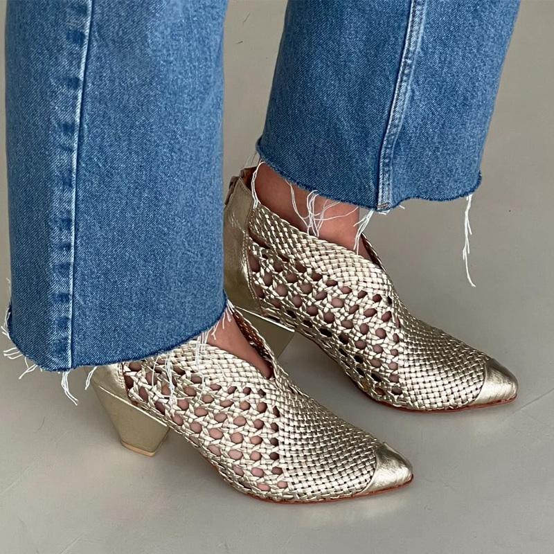 Woven Pointed Block Heel Ankle Boots