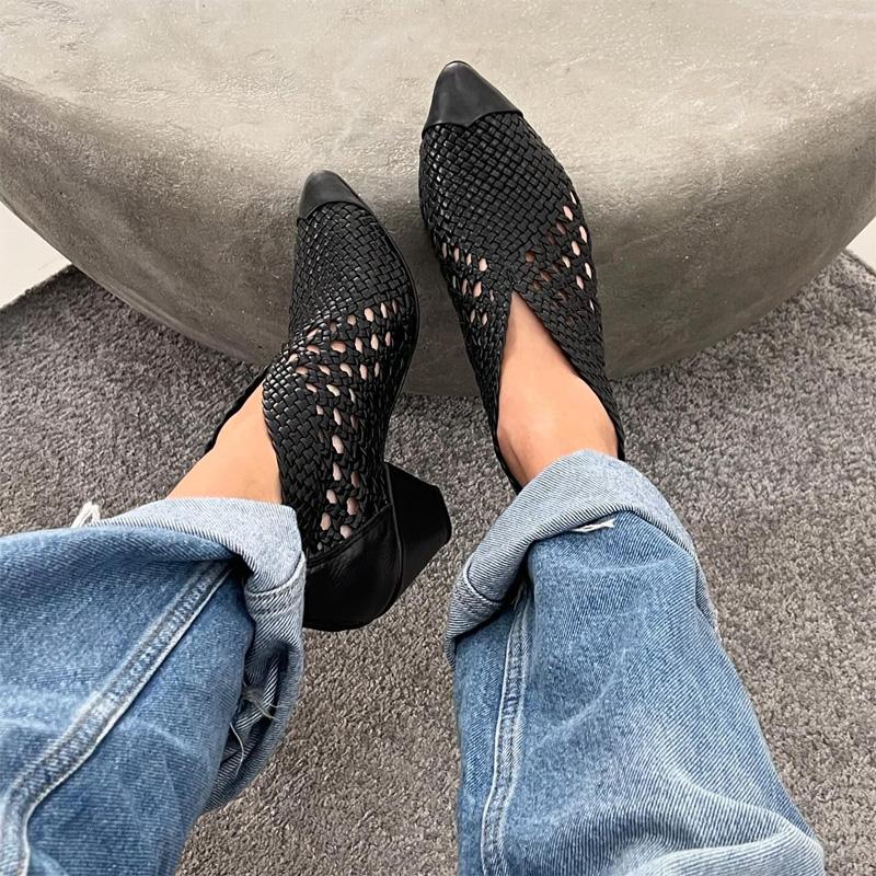 Woven Pointed Block Heel Ankle Boots