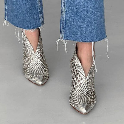 Woven Pointed Block Heel Ankle Boots