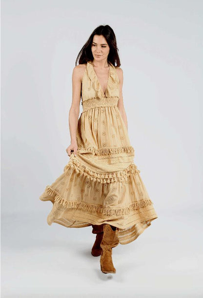 Beige fringed long skirt