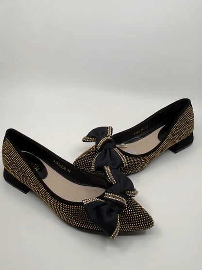 Bow-tie diamond-encrusted soft-soled women's shoes