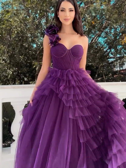 Purple irregular pleated flower dress long dress