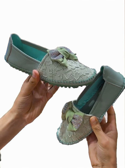 Diamond bow pleated lace soft-soled shoes
