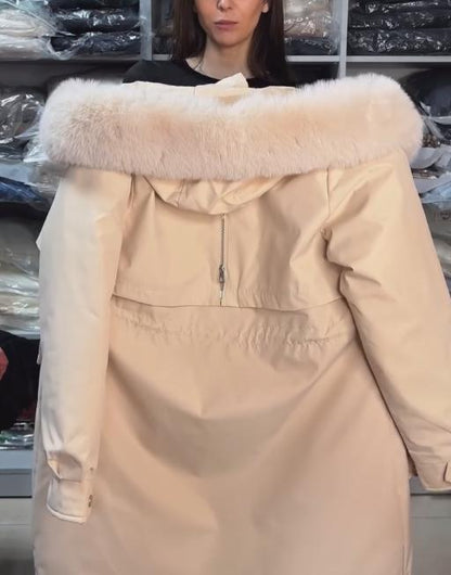 Creamy white plush hooded long thick down coat