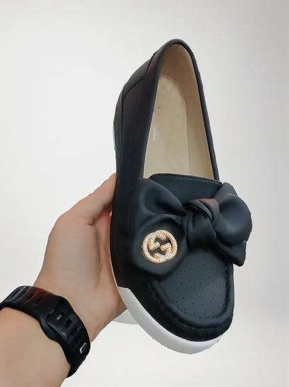 Genuine leather soft-soled bow flats