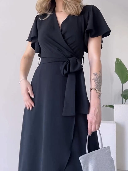 Fashionable V-neck dress—comes with the same adjustable belt