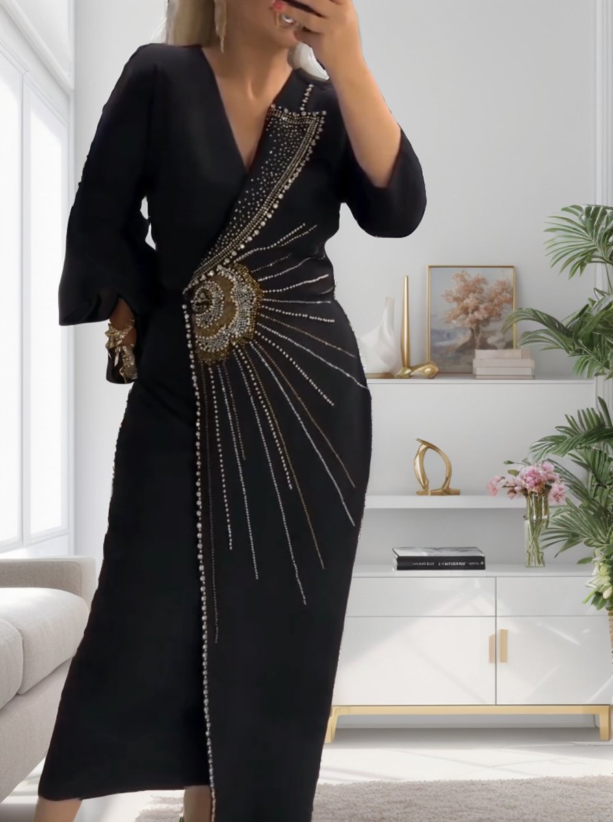 Black hot diamond long sleeve dress