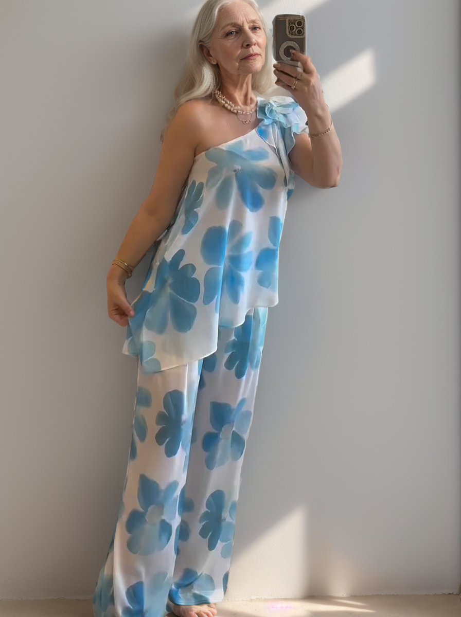 One-shoulder floral tie-dye printed casual wear