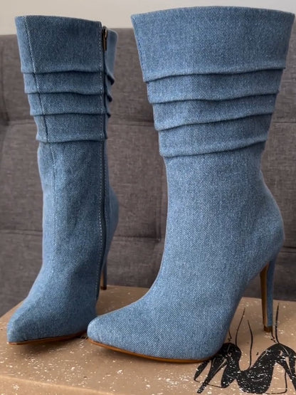 Denim pleated high heel boots