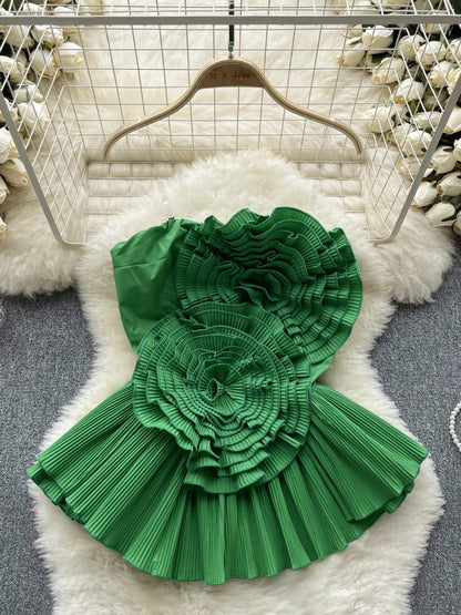 Strapless Pleated 3D Flower Irregular Ruffle Top