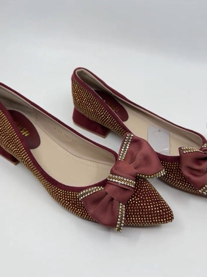 Bow-tie diamond-encrusted soft-soled women's shoes