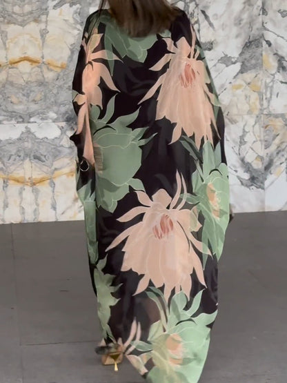 Spring and Autumn Round Neck Long Sleeve Printed Long Skirt