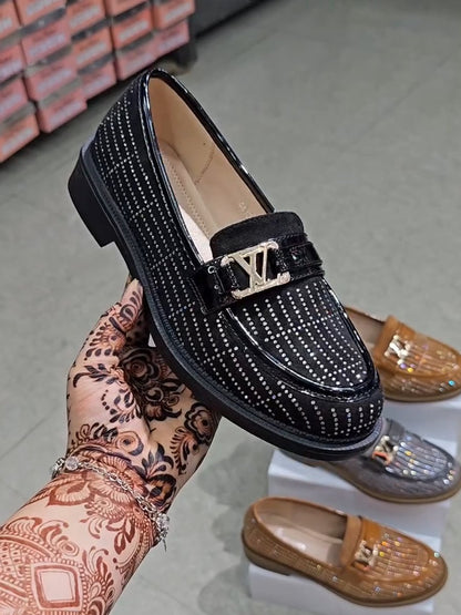 Diamond-encrusted women's loafers with arch support