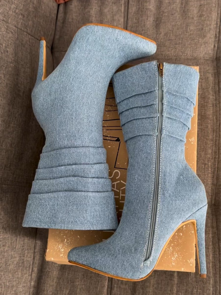 Denim pleated high heel boots