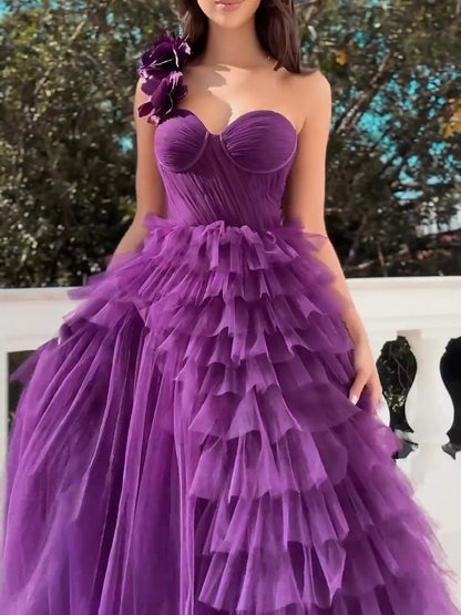 Purple irregular pleated flower dress long dress