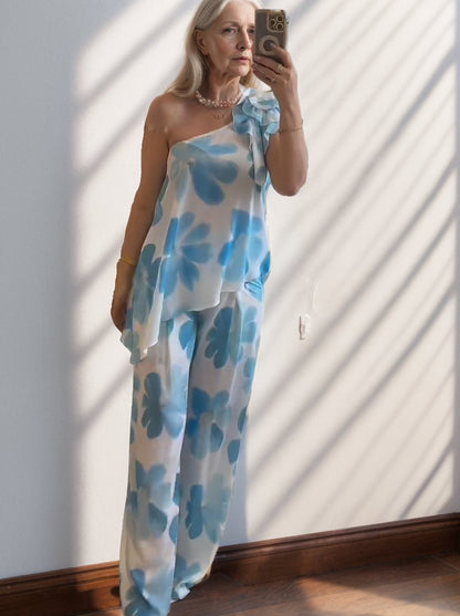 One-shoulder floral tie-dye printed casual wear