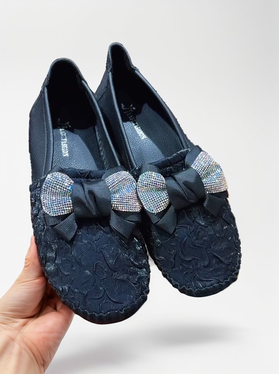 Diamond bow pleated lace soft-soled shoes