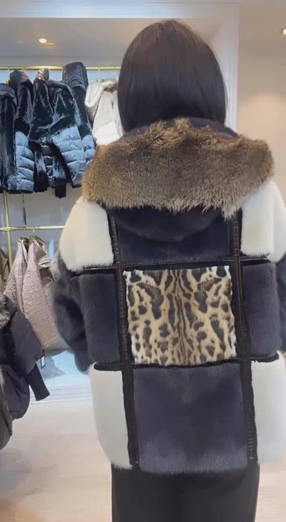 Leopard fleece patchwork black and white fleece coat