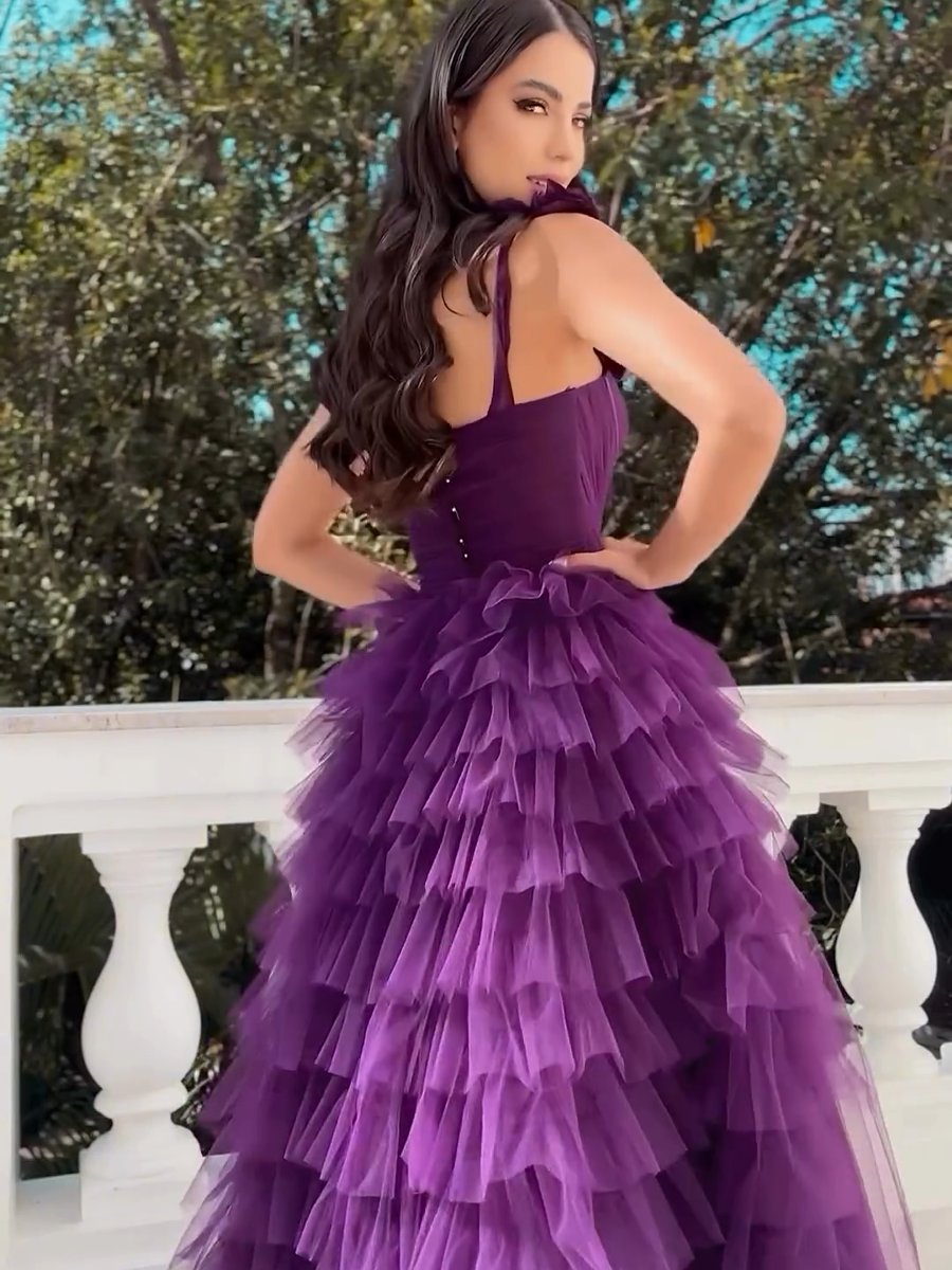 Purple irregular pleated flower dress long dress