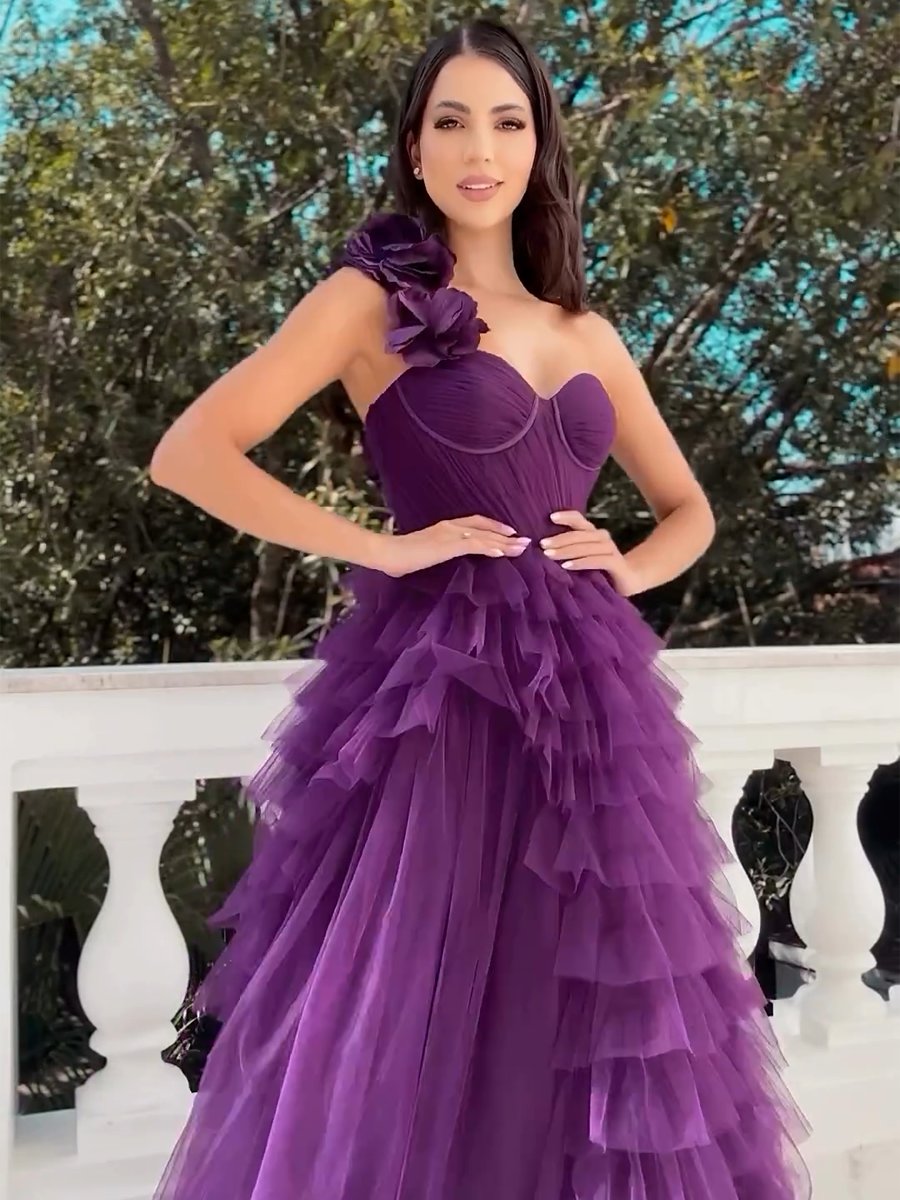 Purple irregular pleated flower dress long dress