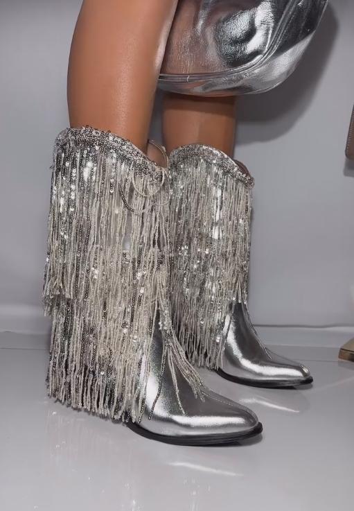 Tassel sequined velvet ankle boots