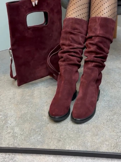 Soft suede leather stacked boots