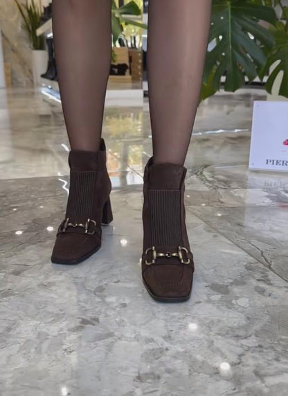 Dark Brown Textured Stripe High Heel Suede Shoes