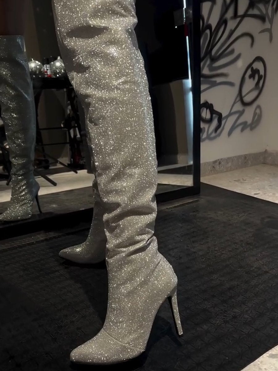 Women's Silver Sequined High Heel Boots