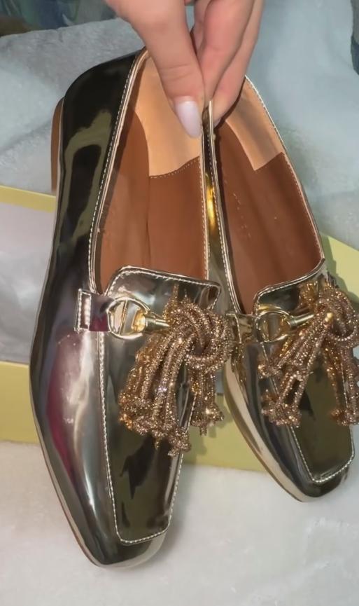 Gold Sequin Ribbon Loafers