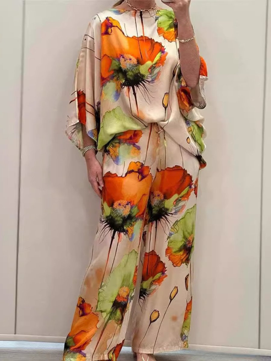 Elegant Satin Loose Printed Batwing Sleeve Suit