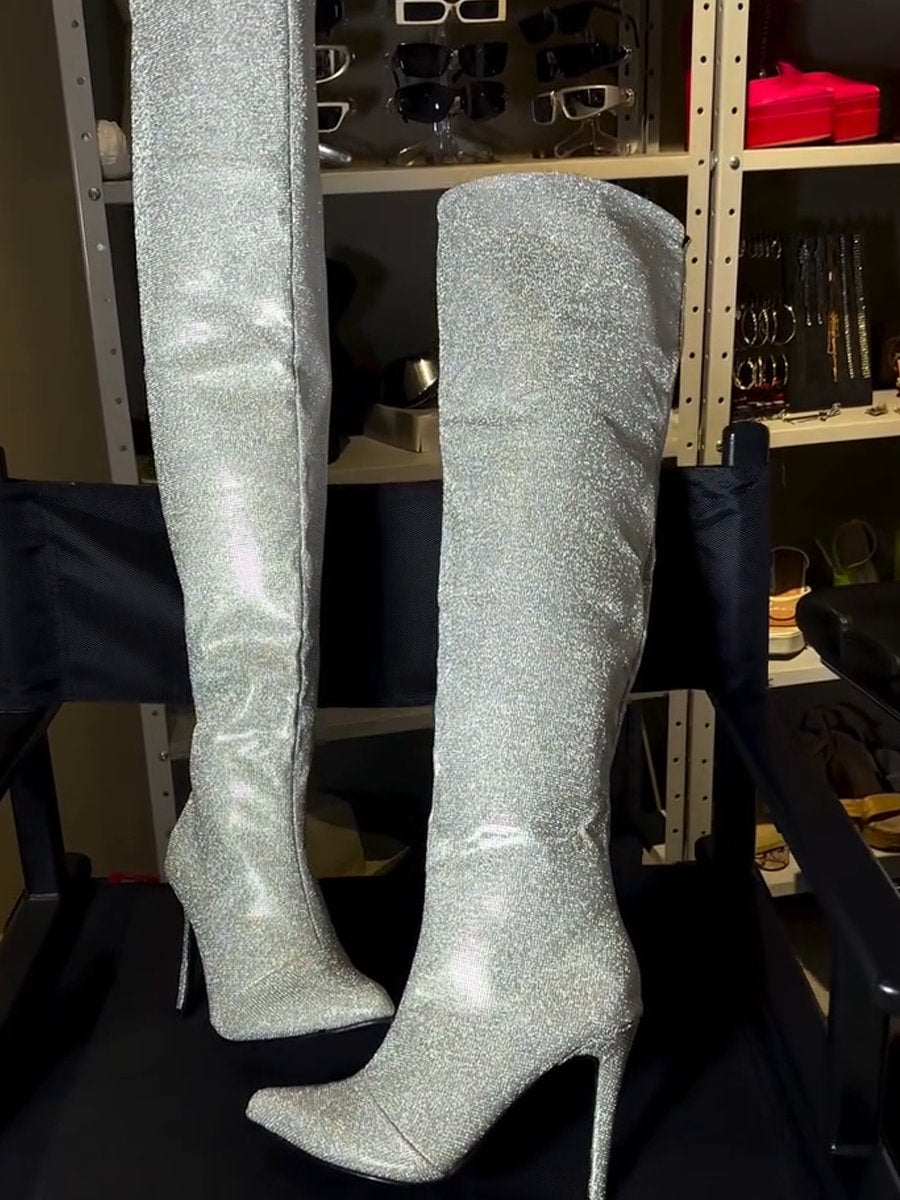 Women's Silver Sequined High Heel Boots