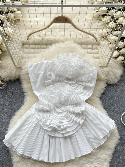 Strapless Pleated 3D Flower Irregular Ruffle Top