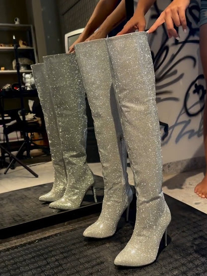 Women's Silver Sequined High Heel Boots