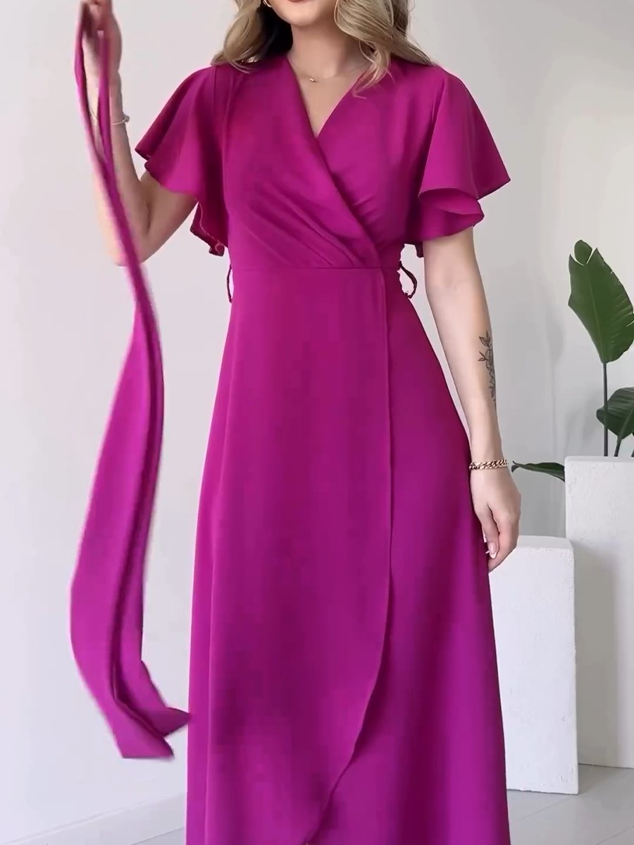 Fashionable V-neck dress—comes with the same adjustable belt