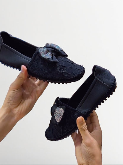 Diamond bow pleated lace soft-soled shoes