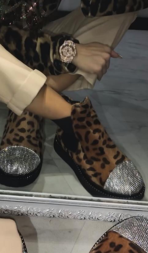 Leopard print sequined toe velvet ankle boots