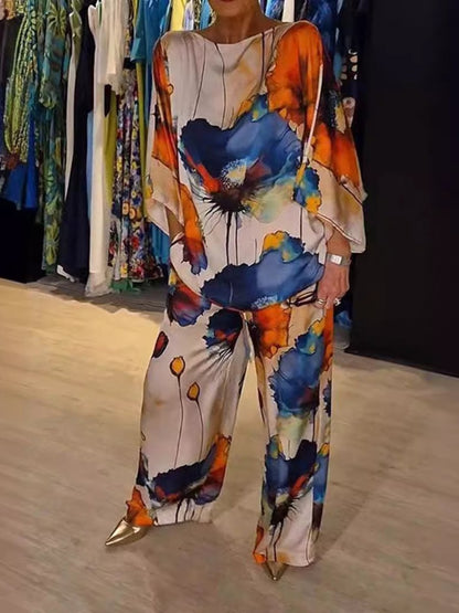 Elegant Satin Loose Printed Batwing Sleeve Suit